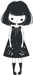 Black and white illustration of a cute cartoon girl in a dress with hearts.