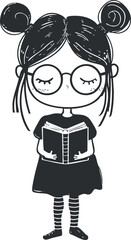 Illustration of a cute girl with glasses reading a book, dressed in striped socks.