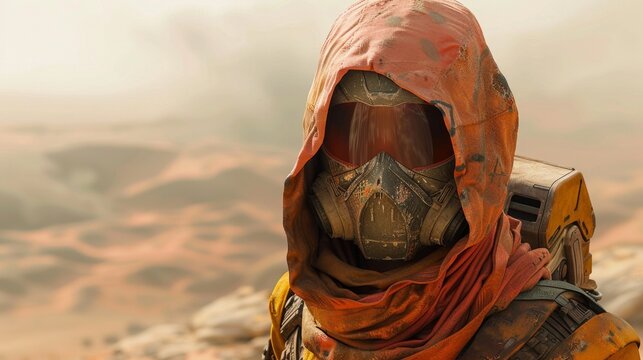 Nomadic traveler exploring an apocalyptic desert landscape in search of survival