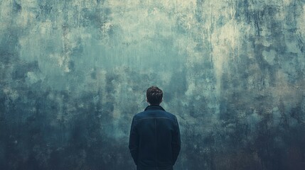 Man Stands Facing Textured Wall in Contemplative Pose and Moody Lighting