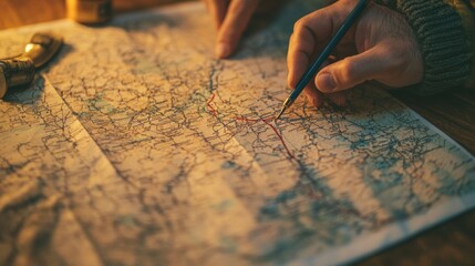Person tracing a route on a vintage map with a pencil in a cozy indoor setting