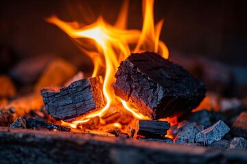 flames are burning in a fireplace with wood and coal