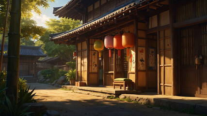 Obraz premium shop set in ancient japanese time in the afternoon. focus on the item on display. anime like. bright and vivid color. soft light. day time.