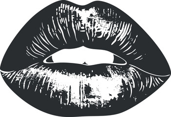 Grunge-style black and white illustration of lips with textured artistic design.