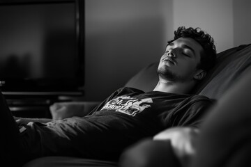 Casual Dude Relaxing on Couch: A Laid-Back Man with Remote in Cozy Living Room