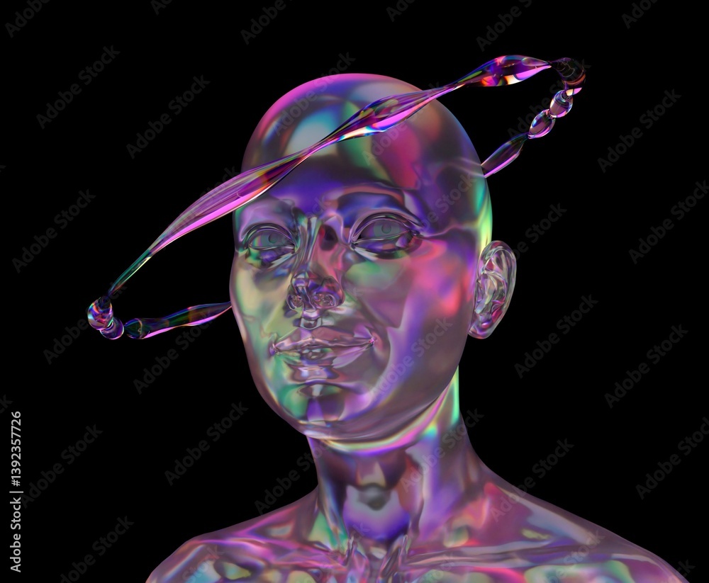 Poster Futuristic 3D illustration of a translucent head with iridescent colors and a fluid, orbiting ring. The design is ethereal and modern, set against a dark background, creating a mesmerizing effect.