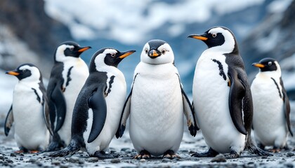 Obraz premium Penguins Standing Together on Rocky Shore in Antarctica Group Scene