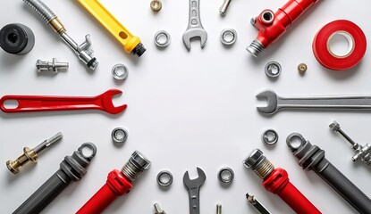 Plumbing tools arranged in circular pattern on white background, including wrenches, pipes, nuts and tapes, top-down view, product design display, technical photography