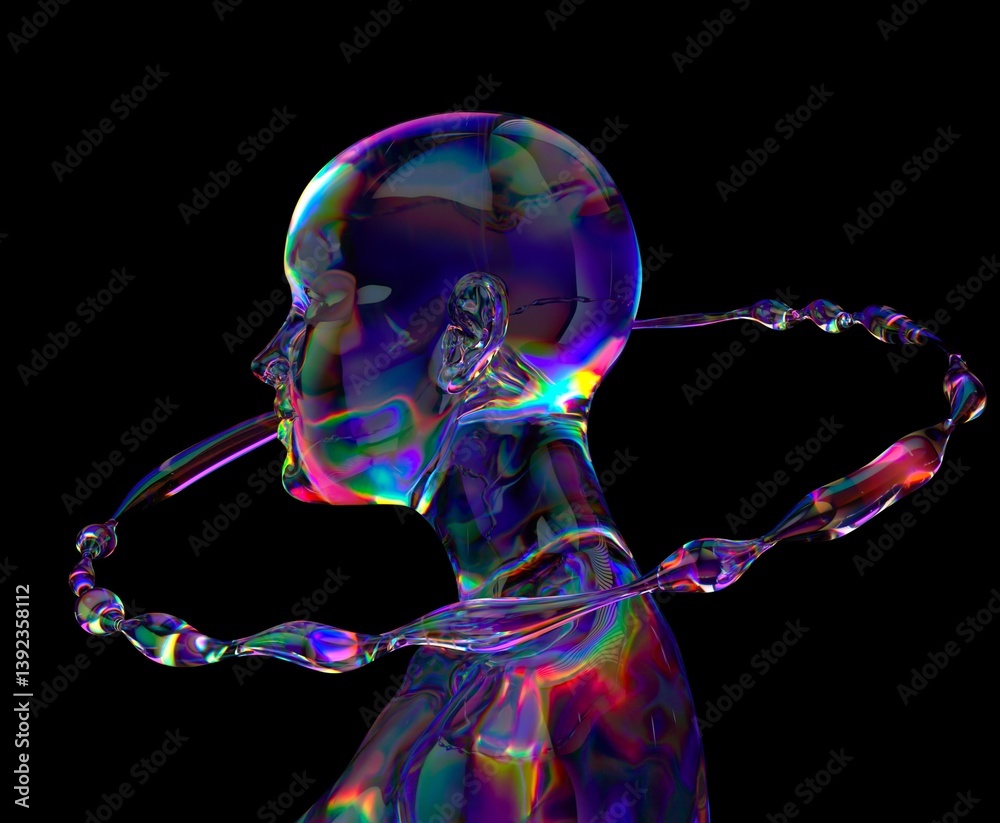 Aufkleber Futuristic 3D illustration featuring a translucent, iridescent head with a fluid, colorful ring orbiting it. The design is set against a dark background, creating an ethereal and captivating effect.