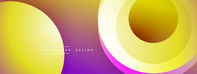 Abstract composition. Overlapping circles create dynamic gradient effect. Purple, yellow hues dominate. Modern design element. Smooth transitions.