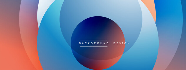 Abstract colorful circles overlap creating dynamic visual effect. Gradient shades blend smoothly, forming modern background design.