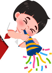 Joyful Boy Blowing Party Horn with Colorful Confetti