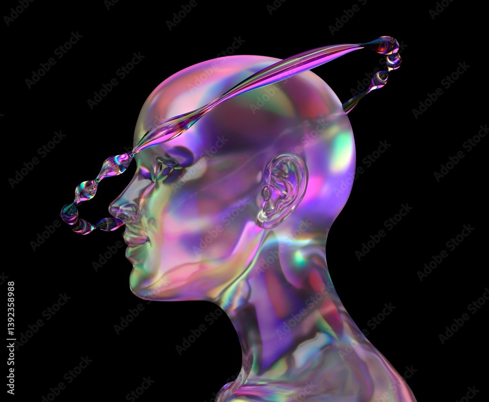 Aufkleber Futuristic 3D illustration of a translucent head with iridescent colors and a fluid, orbiting ring. The design is ethereal and modern, set against a dark background, creating a mesmerizing effect.