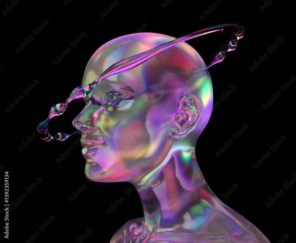 Aufkleber Futuristic 3D illustration of a translucent head with iridescent colors and a fluid, orbiting ring. The design is ethereal and modern, set against a dark background, creating a mesmerizing effect.