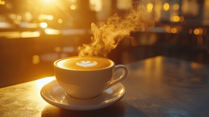 Obraz premium Golden Latte in a cafe at sunrise