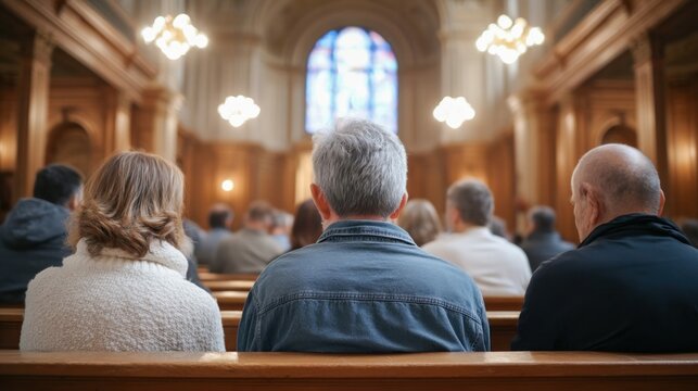 View of the church interior, filled with people seated in pews. Focus is on the backs of individuals with details of the space visible.