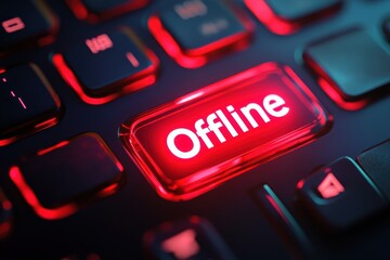Glowing red offline key on futuristic keyboard illuminates dark surroundings with vivid light