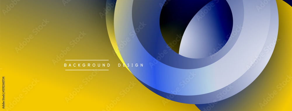 Poster abstract design features overlapping circles, gradients. yellow, blue hues dominate. modern aestheti