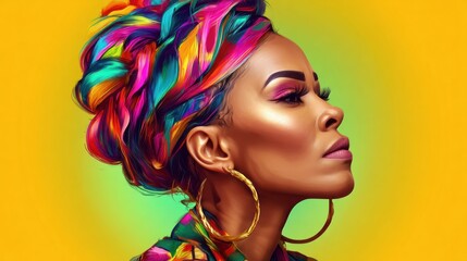 Naklejka premium A stylish portrait of a woman wearing a vibrant, multicolored headwrap and large gold hoop earrings, set against a gradient background.