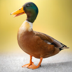 Obraz premium Mallard duck standing and showing its colorful plumage on yellow background