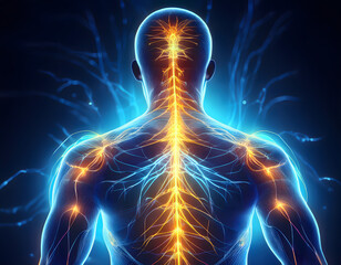 Glowing nerves and spine sending electrical signals through human body