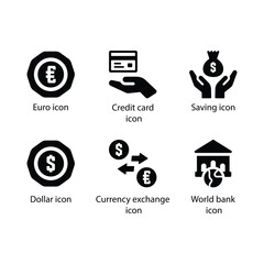 Euro, Credit card, Saving, Dollar, Currency exchange, World bank, Black Icon Set