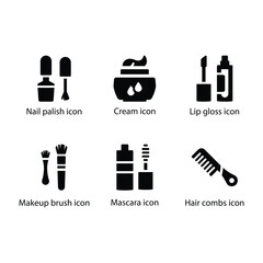 Nail palish, Cream, Lip gloss, Makeup brush, Mascara, Hair combs, Black Icon Set