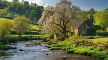 Obraz premium Idyllic Spring Cottage by a Flowing River in the Countryside