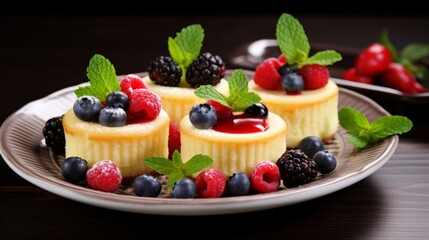 A plate of small mini cheesecakes topped with fresh berries and mint leaves