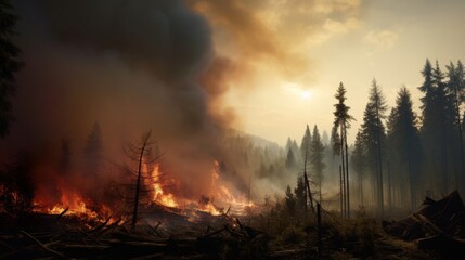 Forest under threat as fire nears treeline, sky filled with ash and smoke