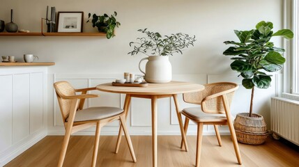 Fototapeta premium A beautifully designed dining room with a wooden table, wicker chairs, and a vibrant potted plant. The minimalist decor creates a cozy atmosphere.