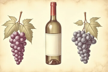 Wine bottle surrounded by grapes vintage style illustration elegant setting artistic perspective