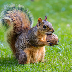 Obraz premium Squirrel eating walnut on grass in park during daytime