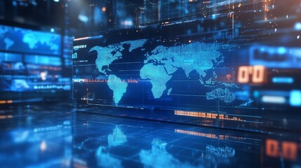 Modern digital world news backdrop with futuristic technology and communication elements. 3D visualization. 