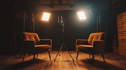 Intimate podcast studio setting with dual chairs, golden lighting, and shadowy backdrop for personal conversation vibes.