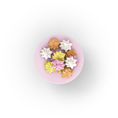 A colorful assortment of meringue cookies arranged on a pink plate, showcasing a delightful treat for dessert lovers.
