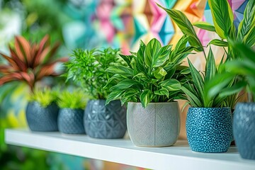 Obraz premium Lush and Exotic Houseplants in Ceramic Pots on White Shelf with Abstract Origami Art Background
