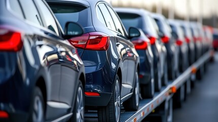 A row of brand-new red cars on a flat-bed trailer, rear view emphasizing metallic shine, realistic depth composition