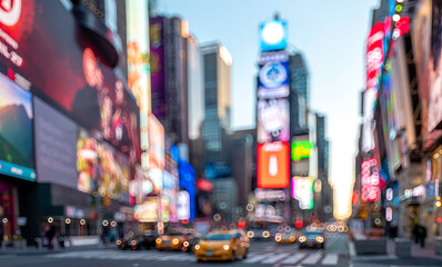 Conceptual image of Times Square in Manhattan, New York city, USA at night showcasing its lights and skyscrapers in busy streets.