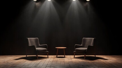 Two-seat podcast scene with minimalist decor and warm overhead spotlights, moody black backdrop for creative content