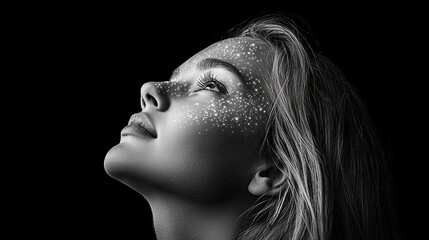 A beauty salon ad featuring a model with wet, slicked-back hair, captured in dramatic high-contrast lighting, embodies sophistication and a raw, unbridled elegance that showcases current beauty