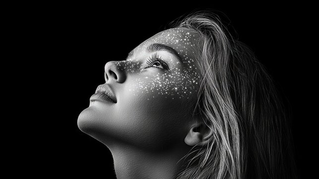 A beauty salon ad featuring a model with wet, slicked-back hair, captured in dramatic high-contrast lighting, embodies sophistication and a raw, unbridled elegance that showcases current beauty