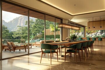 Modern dining room with large windows, featuring wooden table and green chairs, creating bright and inviting atmosphere