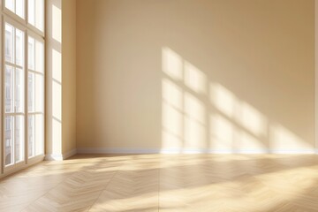 Obraz premium Sunlit, empty room with warm yellow walls and herringbone wood flooring. White window frames cast dramatic shadows. Minimalist and inviting