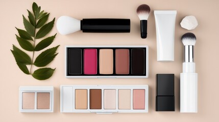 Elegant Makeup Collection with Brushes and Green Leaf Accents