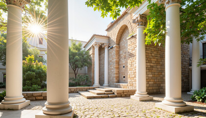 Naklejka premium Classic architecture with sun rays illuminating stone columns 