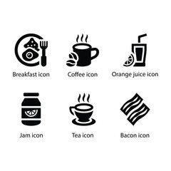 Breakfast, Coffee, Orange juice, Jam, Tea, Bacon, Black Icon Set