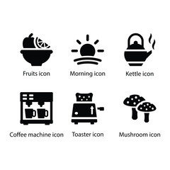 Fruits, Morning, Kettle, Coffee machine, Toaster, Mushroom, Black Icon Set