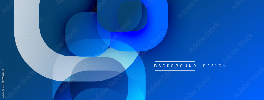 Poster Blue abstract shapes overlap. Gradient shades create depth. Modern design for backgrounds, presentations, digital art. Smooth curves, vibrant colors.