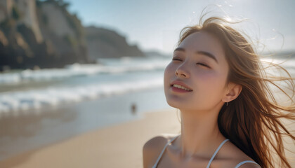 Serene portrait of a young woman sitting on the beach, enjoying the breeze and peaceful moments of the day.